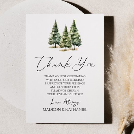 Winter Snowy Pine Tree Wedding Bedankkaart