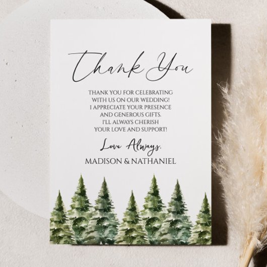 Winter Snowy Pine Tree Wedding Bedankkaart