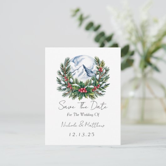 Winter Snowy Pine Wreath Save the Date Kaart (Staand voorkant)