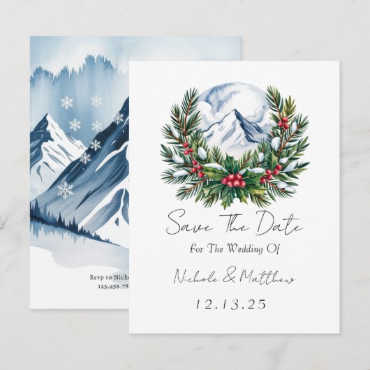 Winter Snowy Pine Wreath Save the Date Kaart (Voorkant / Achterkant)