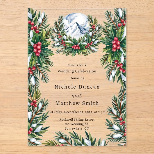Winter Snowy Pine Wreath Wedding Celebration Acryl Uitnodigingen (Voorkant)