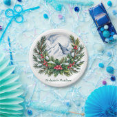 Winter Snowy Pine Wreath Wedding Papieren Bordje (Feest)