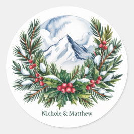 Winter Snowy Pine Wreath Wedding Ronde Sticker