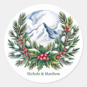 Winter Snowy Pine Wreath Wedding Ronde Sticker