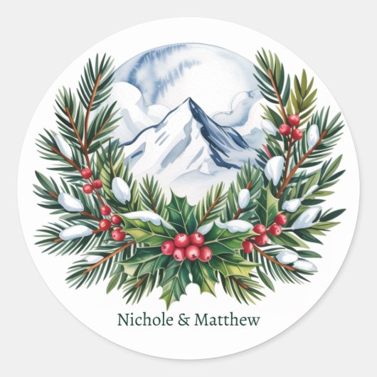 Winter Snowy Pine Wreath Wedding Ronde Sticker (Voorkant)