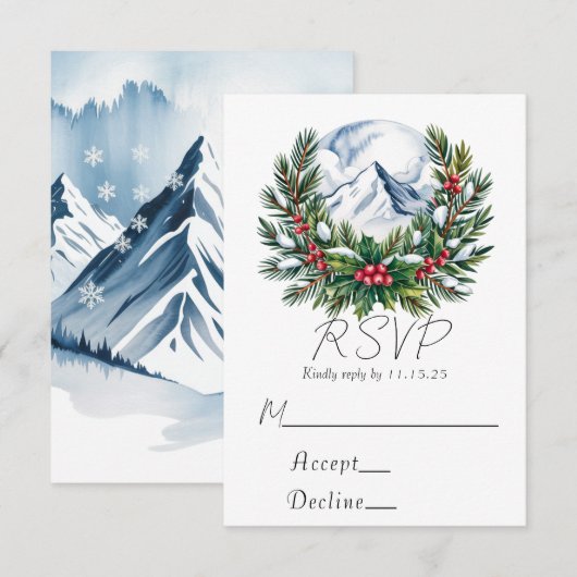 Winter Snowy Pine Wreath Wedding RSVP (Voorkant / Achterkant)
