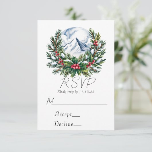 Winter Snowy Pine Wreath Wedding RSVP Kaartje (Staand voorkant)