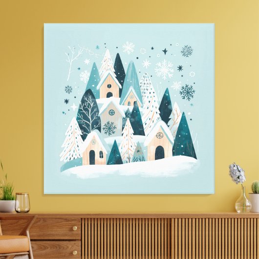 Winter Snowy Village Canvas Afdruk (Insitu (Woonkamer))