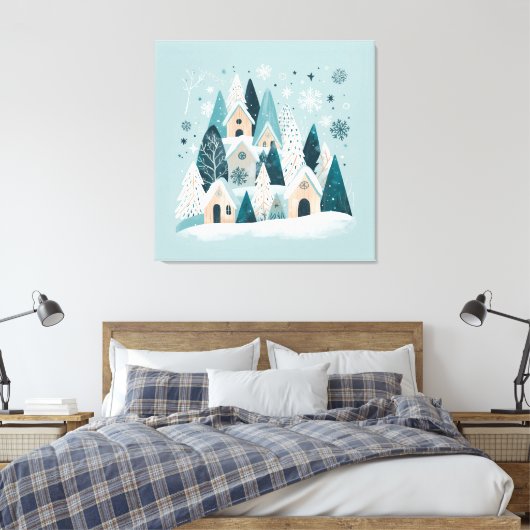 Winter Snowy Village Canvas Afdruk (Insitu (Slaapkamer))
