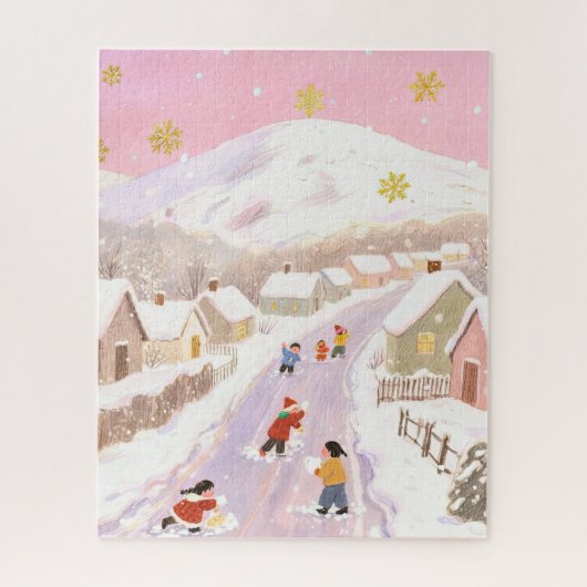 Winter snowy village, children playing, pink hues legpuzzel (Verticaal)