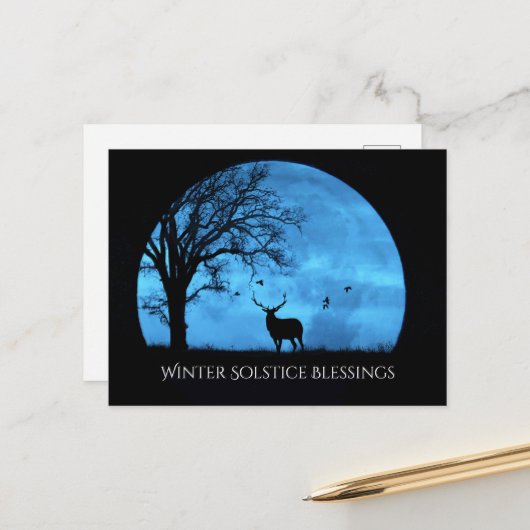 Winter Solstice Blessings Oak Tree Moon Elk Briefkaart (Voorkant / Achterkant in situ)