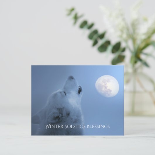Winter Solstice Blessings Wolf en Moon Briefkaart (Staand voorkant)