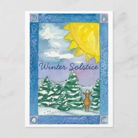 Winter Solstice Deer Sneeuw Waterverf Landschap Briefkaart (Voorkant)