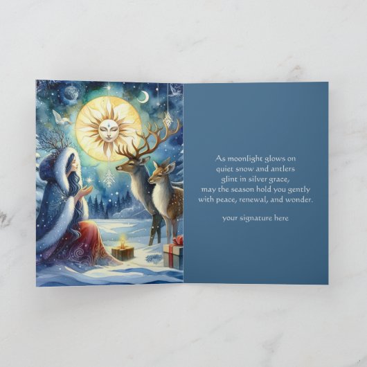 Winter Solstice Forest Godin en herten Kaart (Binnen)