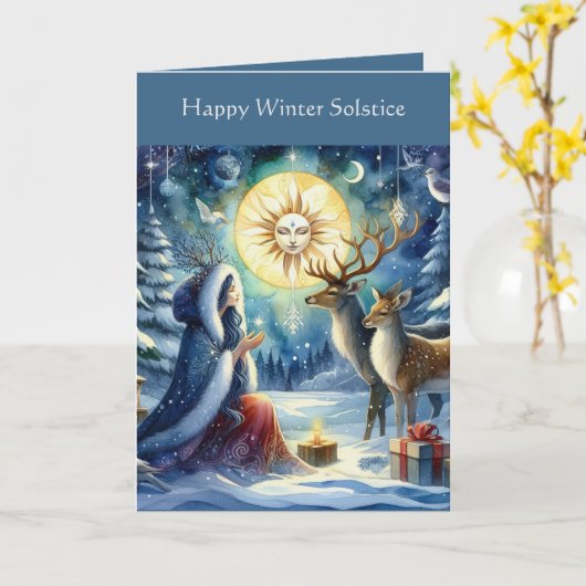 Winter Solstice Forest Godin en herten Kaart (Gele Bloem)