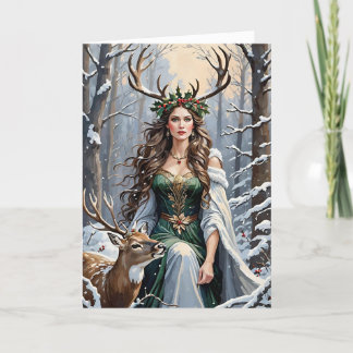 Winter Solstice Godin en herten in het bos Feestdagen Kaart