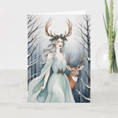 Winter Solstice Godin en herten in het bos Feestdagen Kaart (Voorkant)