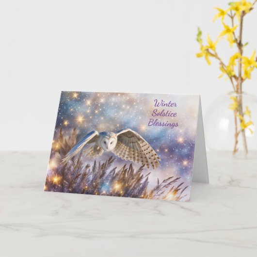 Winter Solstice Magische Witte Uil Vliegende Yule Kaart (Gele Bloem)