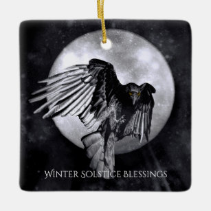 Winter Solstice Raven Crow en Moon Keramisch Ornament