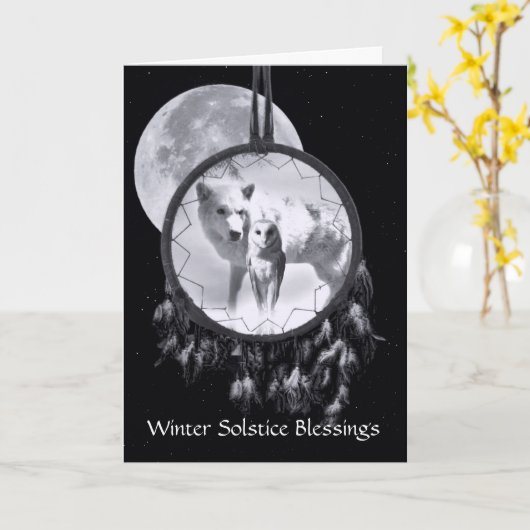 Winter Solstice White Wolf en Owl Dreamweaver Kaart (Gele Bloem)