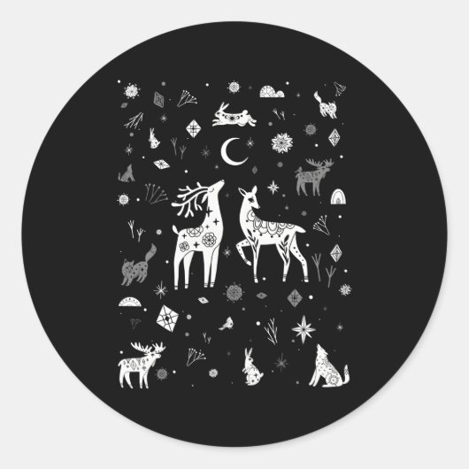 Winter Solstice Woodland Creatures Doodle Ronde Sticker (Voorkant)