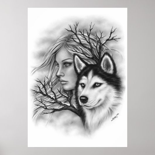Winter Souls Wolf Husky Girl Poster (Voorkant)