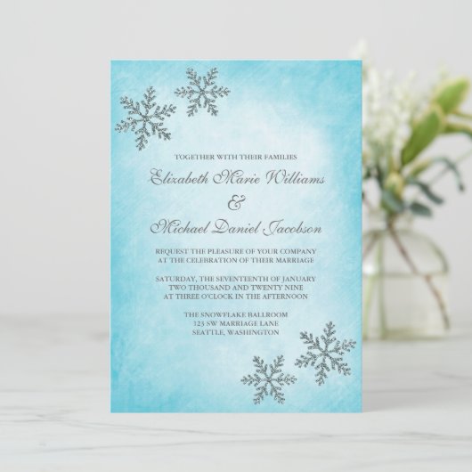 Winter Sparkle Sneeuwvlokken Blauwgroen bruiloft u Kaart (Staand voorkant)