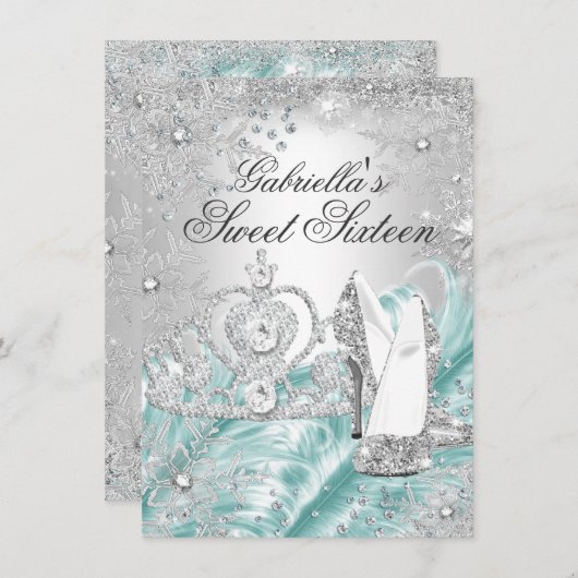 Winter Sparkle Snowflake Blue Sweet 16 Invite Kaart (Voorkant / Achterkant)