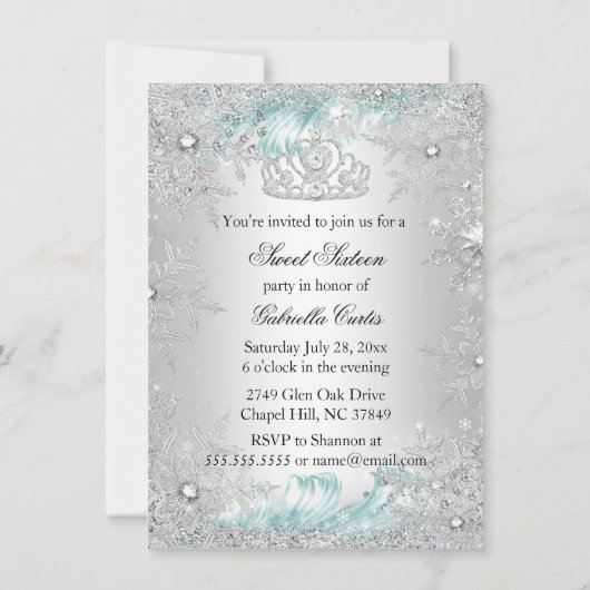 Winter Sparkle Snowflake Blue Sweet 16 Invite Kaart (Achterkant)