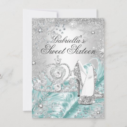 Winter Sparkle Snowflake Blue Sweet 16 Invite Kaart (Voorkant)