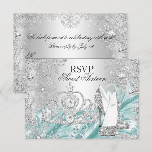 Winter Sparkle Snowflake Blue Sweet 16 RSVP (Voorkant / Achterkant)