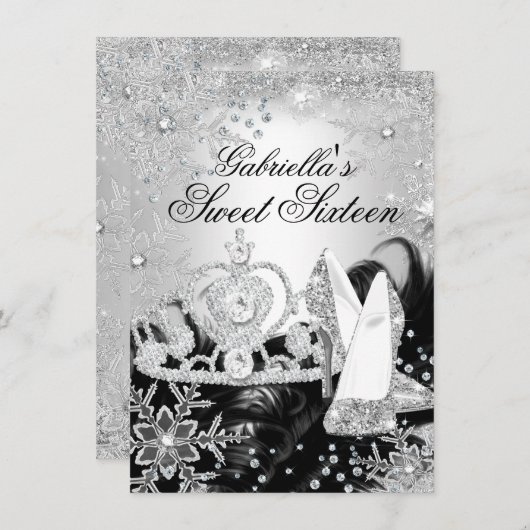 Winter Sparkle Snowflake Silver Sweet 16 Invite Kaart (Voorkant / Achterkant)