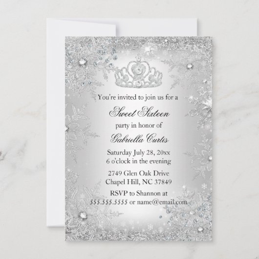 Winter Sparkle Snowflake Silver Sweet 16 Invite Kaart (Achterkant)