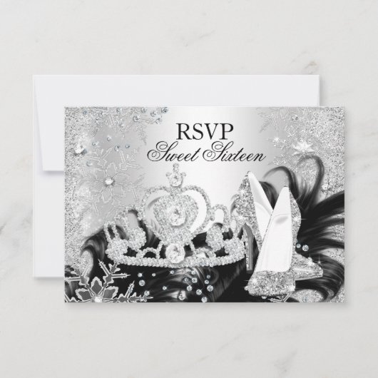 Winter Sparkle Snowflake Silver Sweet 16 RSVP Kaart (Voorkant)
