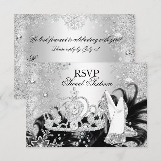 Winter Sparkle Snowflake Silver Sweet 16 RSVP Kaart (Voorkant / Achterkant)