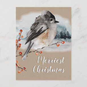Winter Sparrow Ilex Berries Branch Woodland Scene Briefkaart
