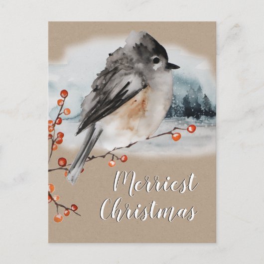 Winter Sparrow Ilex Berries Branch Woodland Scene Briefkaart (Voorkant)