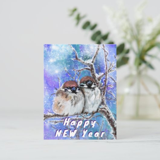 Winter Sparrows Couple Happy New Year Kaart (Staand voorkant)