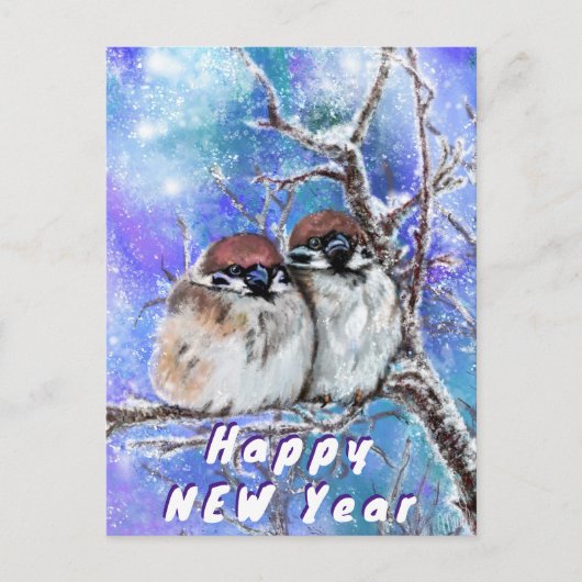 Winter Sparrows Couple Happy New Year Kaart (Voorkant)