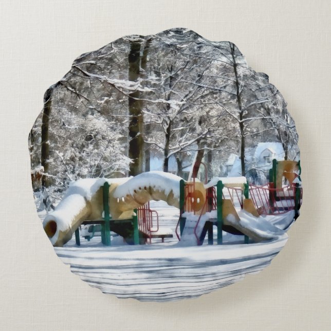 Winter Speeltuin Rond Kussen (Achterkant)