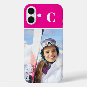 Winter Sport Foto Monogrammed Hot Pink iPhone 16 Plus Hoesje