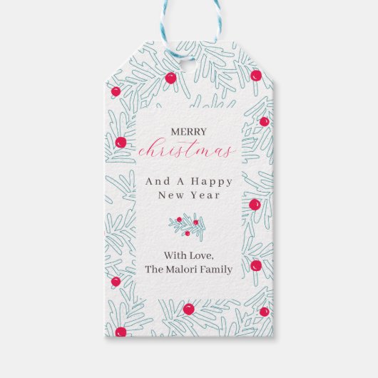 Winter Sprig Pattern | Minimal Pine Branch & Berry Cadeaulabel (Voorkant)