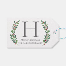 Winter Sprigs Monogram Kerst Gift Label