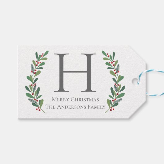 Winter Sprigs Monogram Kerst Gift Label Cadeaulabel (Voorkant (Horizontaal))