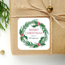 Winter Sprigs Wreath Merry KerstWaterverf Vierkante Sticker