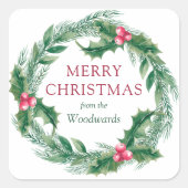 Winter Sprigs Wreath Merry KerstWaterverf Vierkante Sticker (Voorkant)