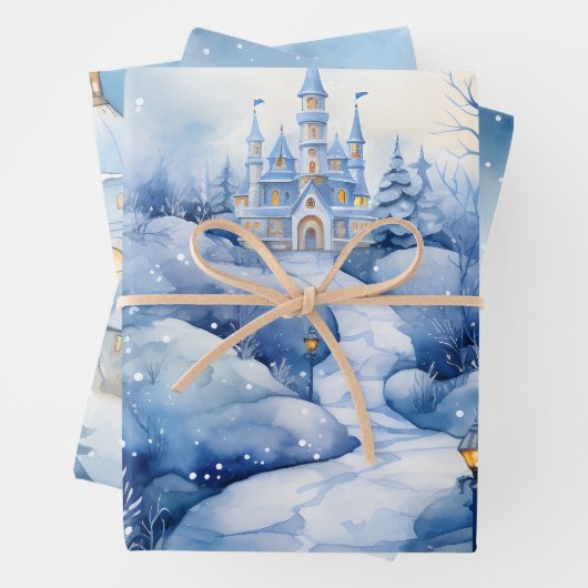Winter Sprookje Sneeuwig Kasteel Scène Blauw en Wi Inpakpapier Vel (In situ)