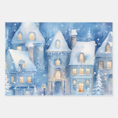 Winter Sprookje Snowy Huizen Scène Blauw en Wit Inpakpapier Vel (Voorkant 3)