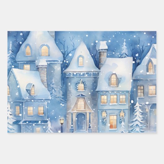 Winter Sprookje Snowy Huizen Scène Blauw en Wit Inpakpapier Vel (Voorkant 3)
