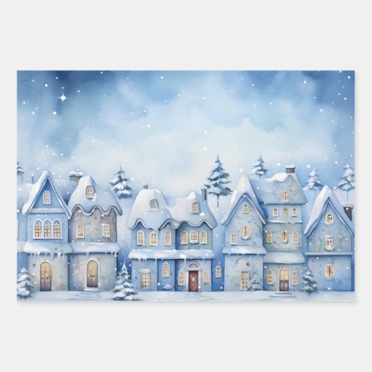 Winter Sprookje Snowy Huizen Scène Blauw en Wit Inpakpapier Vel (Voorkant 2)
